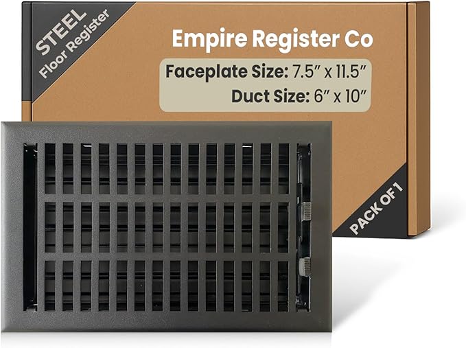 Empire Register Co, Vent Cover - 6x10 inch, Modern Contemporary Design, Textured Black Finish, Heavy Duty Floor Vent Covers, Metal Damper Attached Vent Covers for Home Floor only
