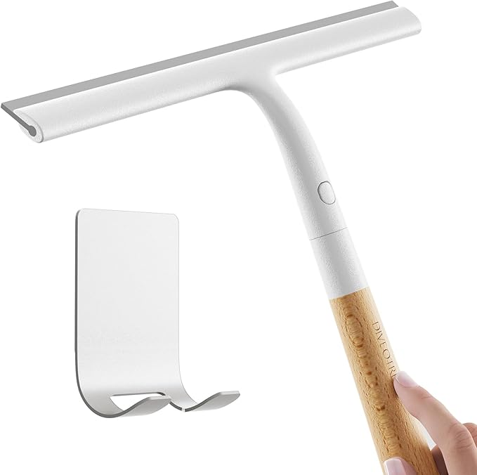 Silicone Shower Squeegee for Glass & Doors, Diveotree Multi-Purpose Squeegee for Bathroom Shower/Windows/Glass/Door, Heavy Duty Scrubber for Car Windshield Cleaning (White, 1pack)
