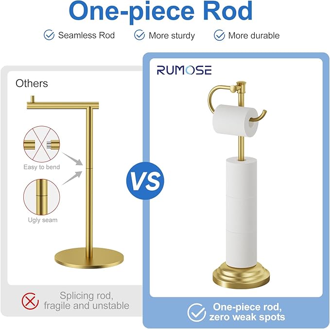 RUMOSE Toilet Paper Holder Stand for Floor, Brushed Gold Bathroom Free Standing Toilet Tissue Roll Holder with Storage, Adjustable 17-25 Inch, SUS304 Stainless Steel