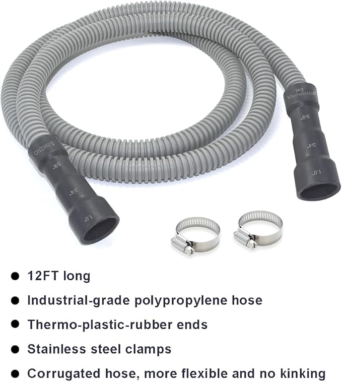 TTFLEX 12 FT Dishwasher Drain Hose, Flexible Discharge Hose with Stainless Steel Clamps, Trim to Fit 5/8 Inch, 3/4 Inch, or 1 Inch Dishwasher and Sink End