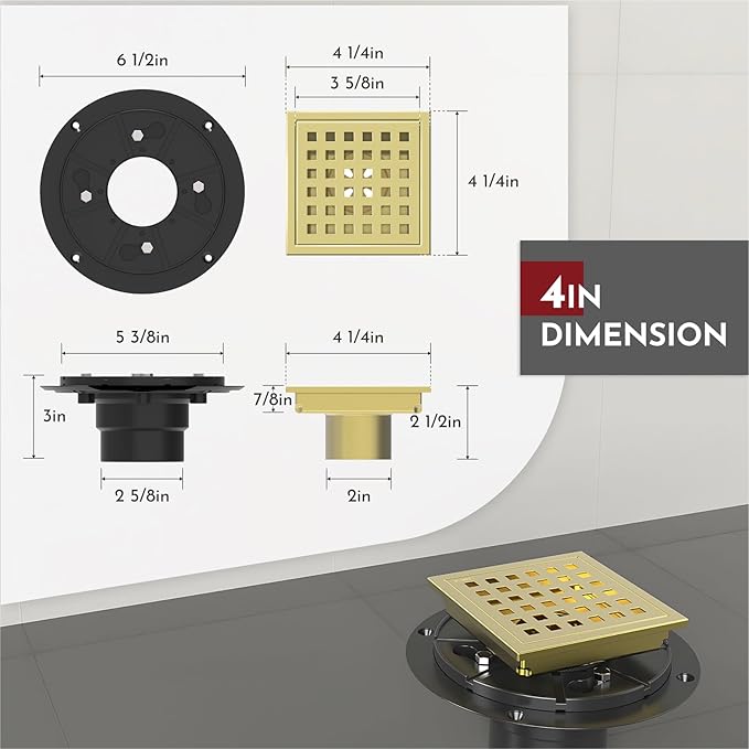 WEBANG 4 Inch Square Shower Floor Drain with Flange,Quadrato Pattern Grate Removable,Food-Grade SUS 304 Stainless Steel,Watermark&CUPC Certified, Brushed Gold