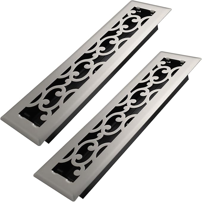 2x12 Inches 2 Pack Heavy Duty Walkable Floor Register - Easy Adjust Air Supply Lever Decorative Floor Vent Covers - Savannah Design Vent Covers for Home - Satin Nickel