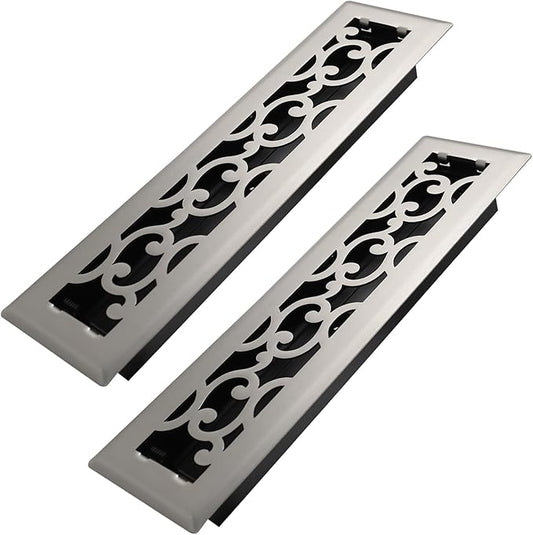 2x12 Inches 2 Pack Heavy Duty Walkable Floor Register - Easy Adjust Air Supply Lever Decorative Floor Vent Covers - Savannah Design Vent Covers for Home - Satin Nickel
