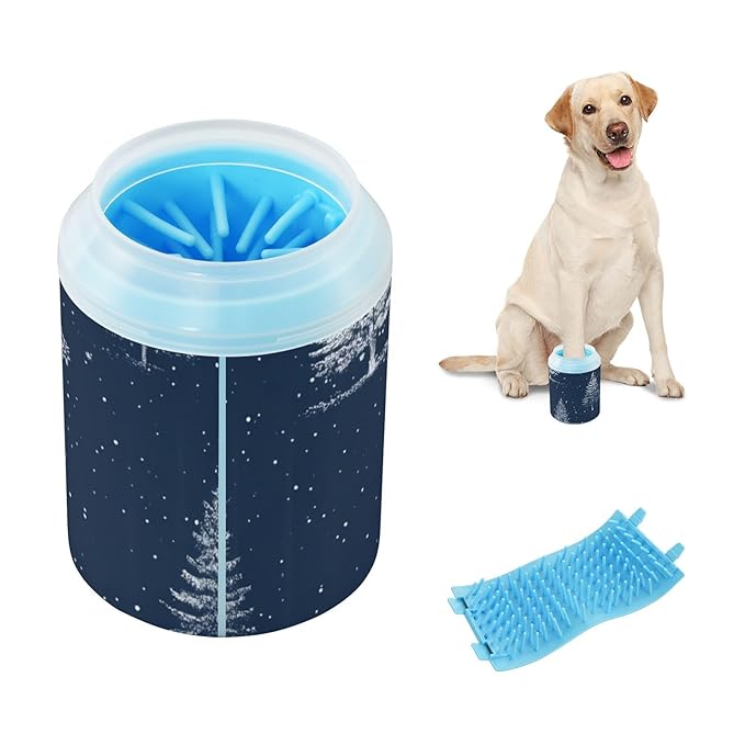 Dog Paw Cleaner Cups for Dogs Pet Foot Washer Paw Scrubber for Small Medium Large Dogs Cats Cleaning Cup Dark Blue Pine Trees and Winter Snow