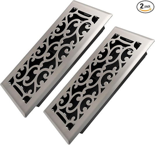 4x10 Inches 2 Pack Heavy Duty Walkable Floor Register - Easy Adjust Air Supply Lever Decorative Floor Vent Covers - Savannah Design Vent Covers for Home - Satin Nickel