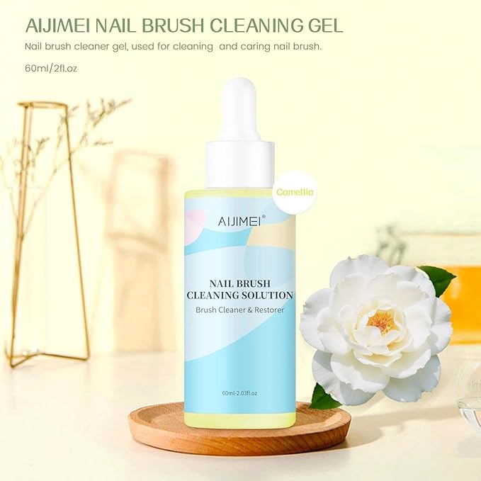AIJIMEI Acrylic Nail Brush Cleaner Gel, Camellia Gel Nail Brushes Cleaner for Solid Gel Polish Brush Clean and Care Nail Brush Use for DIY and Salon (60ml-Camellia)
