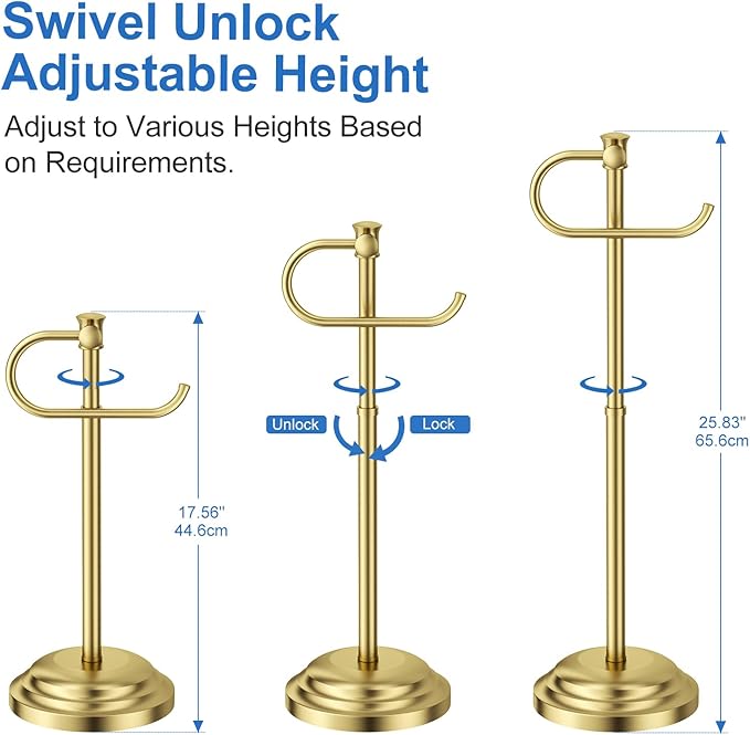 RUMOSE Toilet Paper Holder Stand for Floor, Brushed Gold Bathroom Free Standing Toilet Tissue Roll Holder with Storage, Adjustable 17-25 Inch, SUS304 Stainless Steel