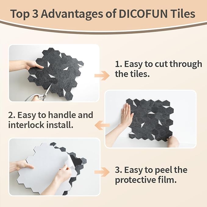 DICOFUN Hexagon Tile Mixed Metal Peel and Stick Backsplash, Self Adhesive Mosaic Tiles for Kitchen and Bathroom (10, Black Slate and Silver)