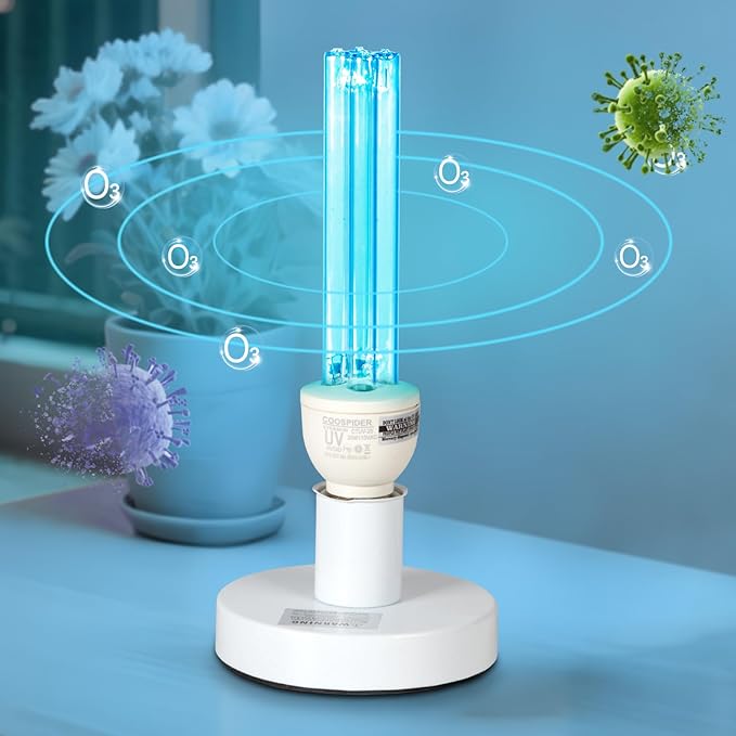 25 Watts UVC Sanitizer Lamp with Ozone UVC Light Bulb with Base and 3-Gear Timer 185nm Wavelength UV Light for Bedroom/Closet/Kitchen/Bathroom E26 Base 110V CTUV-25