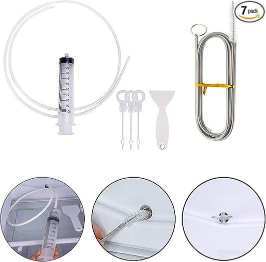 MUAECH Refrigerator Drain Hole Cleaner Kit, 7-Piece Fridge Drain Tube Cleaning Tool with 60IN Long Flexible Brush & Hose, for Clogged Water Line & Dispenser - Includes Syringe, Plungers, Shovel