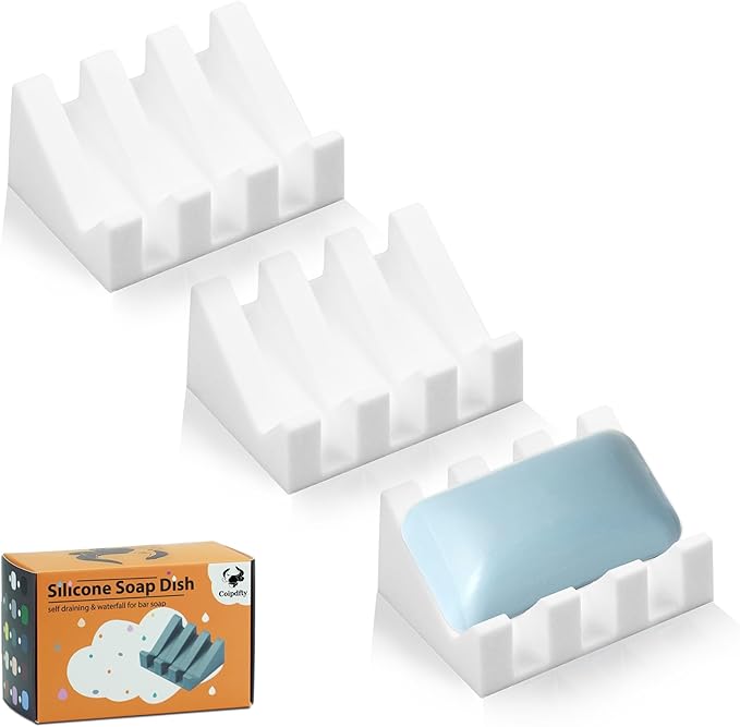 Self Draining Soap Dish Holder,Silicone Soap Dish,for Bathroom,Kitchen, Sponges，Can Extend Soap Life，Keep Soap Bars Dry and Easy Cleaning (White,3-Pack)