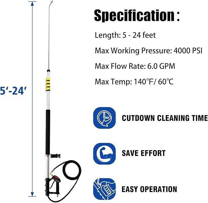 RAYNEL 24FT Telescoping Pressure Washer Extension Wand with Brush Head, 2 Power Washer Extension Wands, Gutter Cleaner Attachment, 7 Spray Nozzle Tips, Support Belt and 2 Hose Adapters