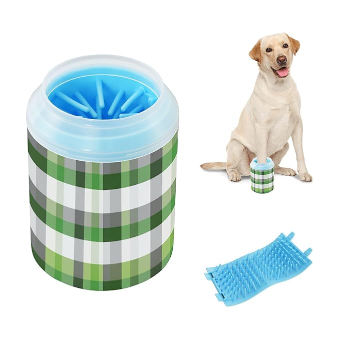Dog Paw Cleaner Cups for Dogs Pet Foot Washer Paw Scrubber for Small Medium Large Dogs Cats Cleaning Cup Green and White Checkered Pattern