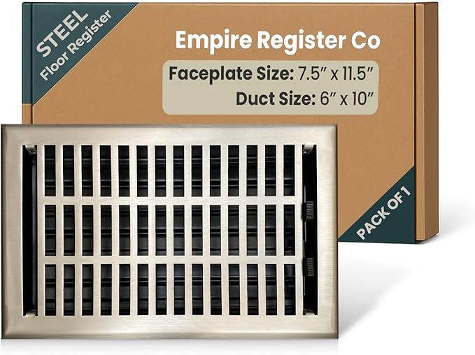 Empire Register Co, Vent Cover - 6x10 inch, Modern Contemporary Design, Brushed Nickel Finish, Heavy Duty Floor Vent Covers, Metal Damper Attached Vent Covers for Home Floor only