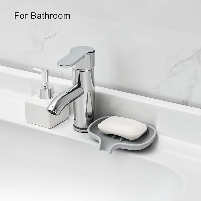 SUBEKYU Silicone Soap Dish for Bathroom,Bar Soap Holder for Shower with Draining Tray, Waterfall Soap Tray for Kitchen Sink, Set of 2 (2 * Gray)