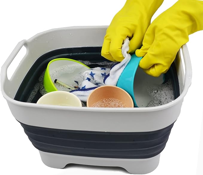SAMMART 7.5L (2 Gallon) Collapsible Dishpan with Draining Plug - Foldable Washing Basin - Portable Dish Washing Tub - Space Saving Kitchen Storage Tray (Grey/Slate Grey, 1)