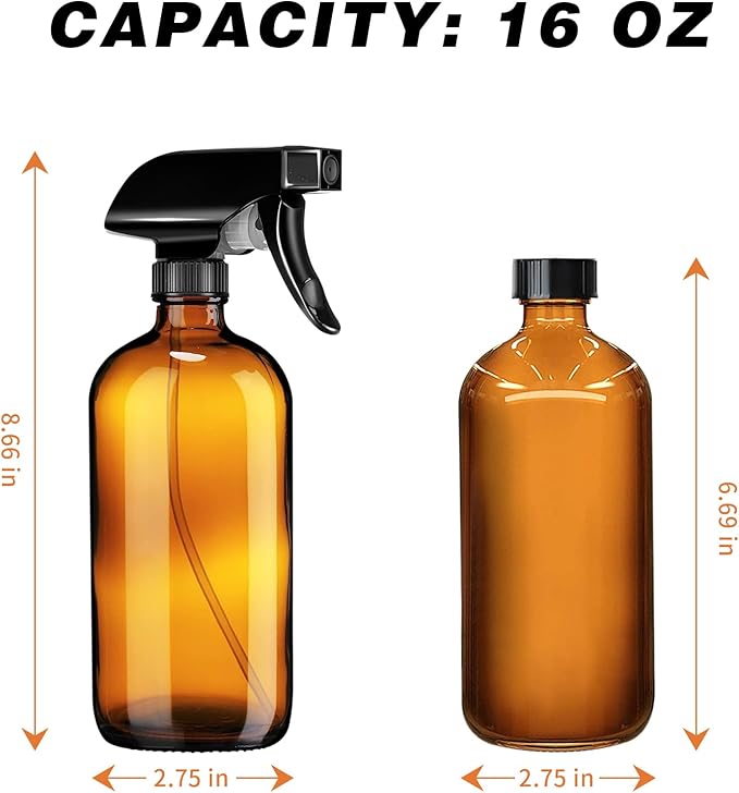 Glass Spray Bottle, 3 Pack 16oz Empty Sprayer with Funnel & Cap & Labels, Large Refillable Mist Bottles for Cleaning, Plant, Essential Oil, Facial Hydration, Water Flowers & Hair Care, (Amber)