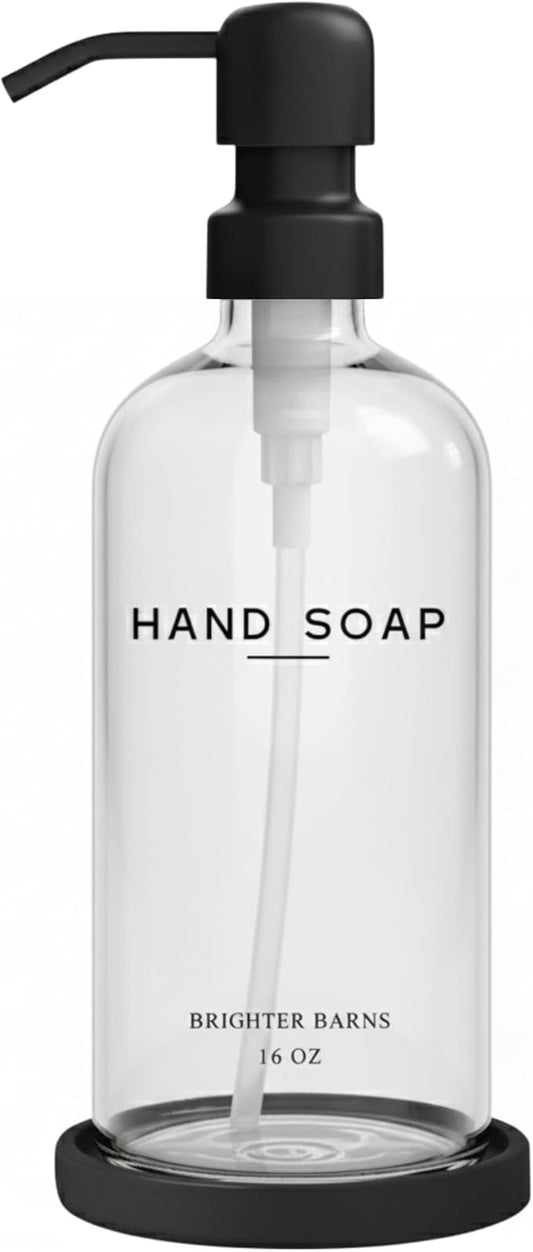 Glass Hand Soap Dispenser Bathroom Set by Brighter Barns - Bathroom Soap Dispenser Set - Refillable Pump Bottle with Tray - Neutral Home Decor for Airbnb, Hotel, Vacation Rental, Restaurants (Clear)