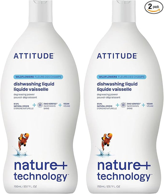 ATTITUDE Dish Soap, EWG Verified, Plant-Based & Vegan Dishwashing Liquid, Naturally Derived, Wildflowers Scent, 23.7 Fl Oz,(Pack of 2)