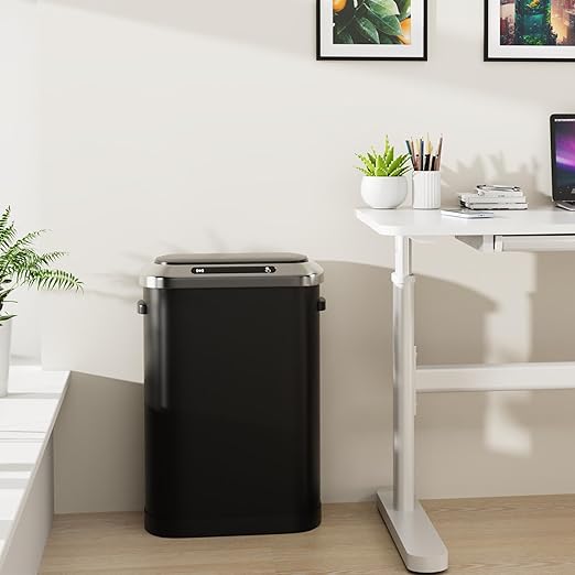 pouseayar Black 13 Gallon 50L Smart Automatic Trash Cans, Stainless-Steel Thickened Body with Super Mute Sensor Lid and 30 Count Garbage Bags for Kitchen Office Bedroom Waste Bin and More