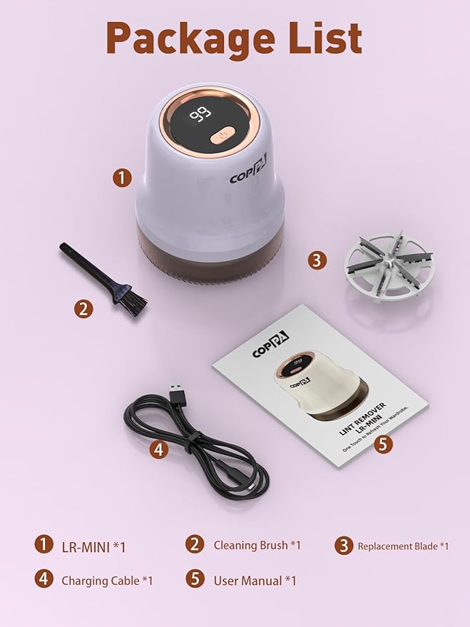 COPPA Lint Remover, LR-MINI USB Rechargeable Lint Removal 6 Blades & 3 Speed Shut-Off Protection Electric Portable Remove Fuzz Lint with Battery Display for Furniture Curtain Clothing