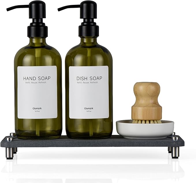 2 Pack Kitchen Soap Dispenser Set - 16oz Green Glass Dish and Hand Soap Dispenser with Stainless Steel Pump, Instant Dry Tray, Dish Brush & Holder, Refillable Countertop Sink Decor for Kitchen & Bath