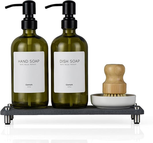 2 Pack Kitchen Soap Dispenser Set - 16oz Green Glass Dish and Hand Soap Dispenser with Stainless Steel Pump, Instant Dry Tray, Dish Brush & Holder, Refillable Countertop Sink Decor for Kitchen & Bath