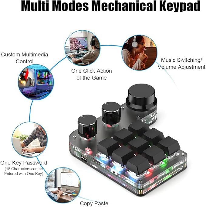 9-Keys USB Mini Keypad, Programming Macro Pad with 3 Knobs, RGB Macro Mechanical Gaming Keyboard for OSU NKRO, Hot-Keys One-Handed Mechanical Keyboard (9Key 2.4G)