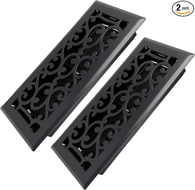 4x10 Inches 2 Pack Heavy Duty Walkable Floor Register - Easy Adjust Air Supply Lever Decorative Floor Vent Covers - Savannah Design Vent Covers for Home - Matte Black