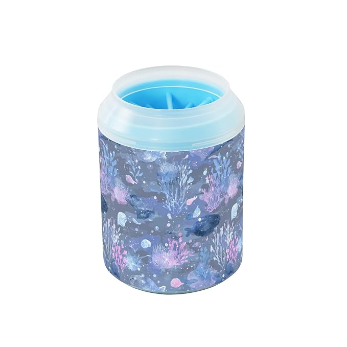 Dog Paw Cleaner Cups for Dogs Pets Foot Washer Paw Scrubber for Medium Small Cats Dogs Cute Cleaning Cup Blue Fish Coral Seaweed