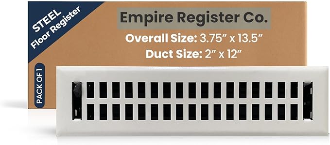 Empire Register Co, Premium Home Vent Covers - 2x12 inch, Modern Contemporary Design, White Finish, Heavy Duty Air Flow Direction Floor Registers, Metal Damper Attached