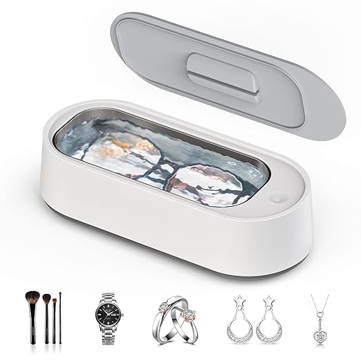 Ultrasonic Jewelry Cleaner, Professional 45KHz Ultrasonic Cleaner Machine for Jewelry, Rings, Glasses, Retainers, Watch Strap, Dentures, Mouthguard, Razors, 14.88 oz 304 Stainless Steel (White)