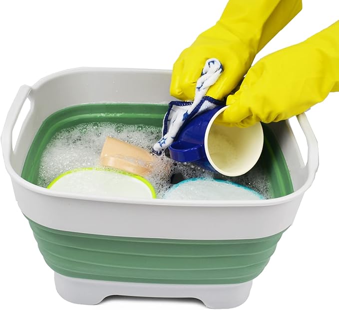 SAMMART 7.5L (2 Gallons) Collapsible Dishpan with Draining Plug - Foldable Washing Basin - Portable Dish Washing Tub - Space Saving Kitchen Storage Tray (Grey/Dark Sea Green, 1)
