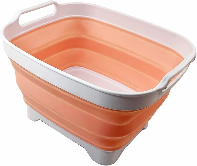 SAMMART 7.5L (2 Gallons) Collapsible Dishpan with Draining Plug - Foldable Washing Basin - Portable Dish Washing Tub - Space Saving y (White/Pearl Blush, 1)