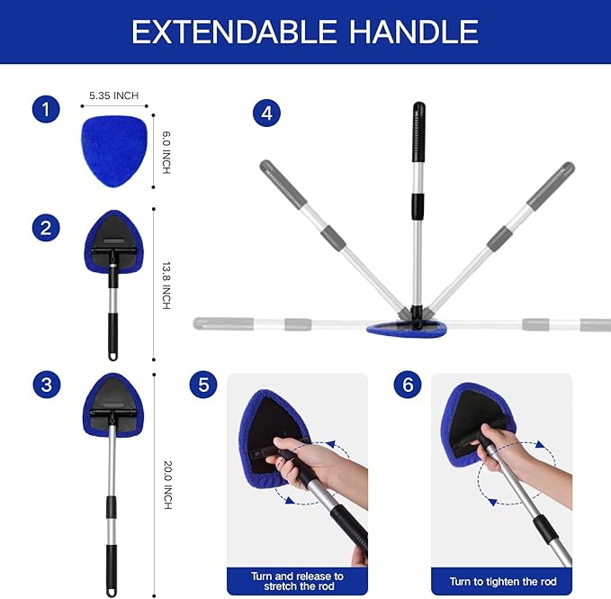 10pcs Windshield Cleaning Tool Inside Car Window Cleaner Wash Kit with 4 Reusable Microfiber Pads 1 Spray Bottle and Extendable Handle Interior Auto Glass Wiper Kit, Blue&Green