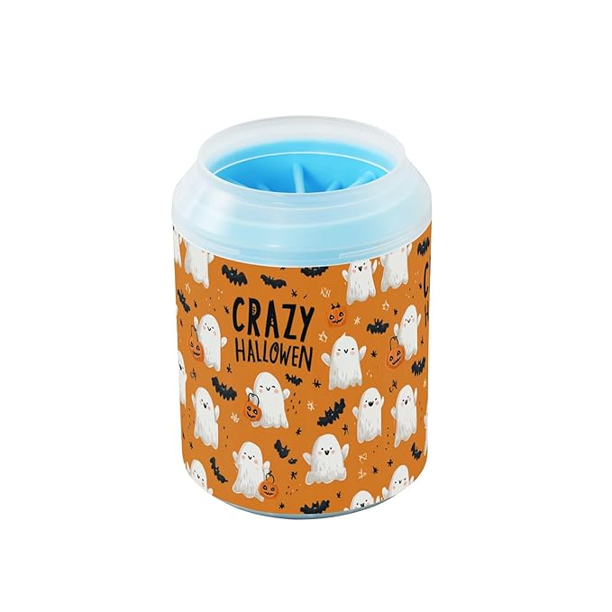 Dog Paw Cleaner Cups for Dogs Pets Foot Washer Paw Scrubber for Medium Small Cats Dogs Cute Cleaning Cup Orange Halloween Ghost Bats