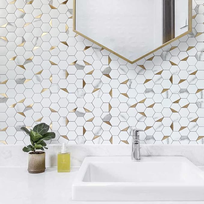 DICOFUN 1 Hexagon Tile Peel and Stick Backsplash, White Marble Look PVC Mixed Golden Metal Mosaic Tiles