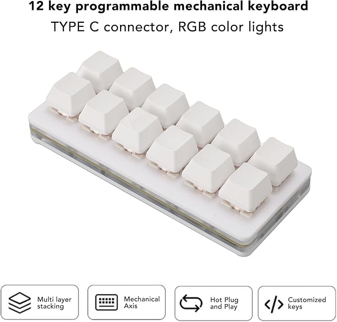 12 Key USB Mini Keyboard with Programmable Macros,USB Type C Wired Programmable RGB Custom One Handed Gaming Keyboard Mechanical Red Switch Gaming Keyboard OSU Keypad for PC