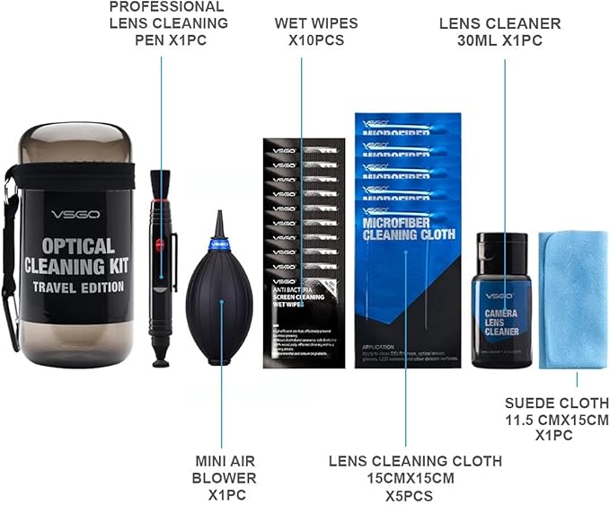 VSGO Professional Lens Cleaning Kit (DKL-15D) - Includes Lens Pen, Air Blower & Cleaning Fluid - Portable Dust Removal for Camera Lenses, Filters, Cell Phones and Electronics