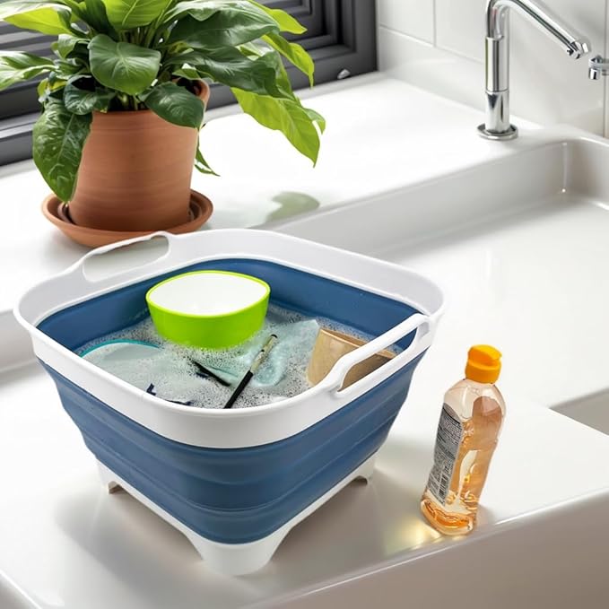 SAMMART 10L (2.64 Gallon) Collapsible Dishpan with Draining Plug - Foldable Washing Basin - Portable Dish Washing Tub - Space Saving Kitchen Storage Tray (White/Metalic Blue)