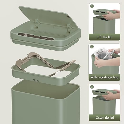 ELPHECO Stainless Steel Office Trash Can Motion Sensor Garbage Can Touchless Smart Trash Can Automatic Waste Bin for Kitchen, Office, Bathroom (Avocado Green, 5.5 Gallons)