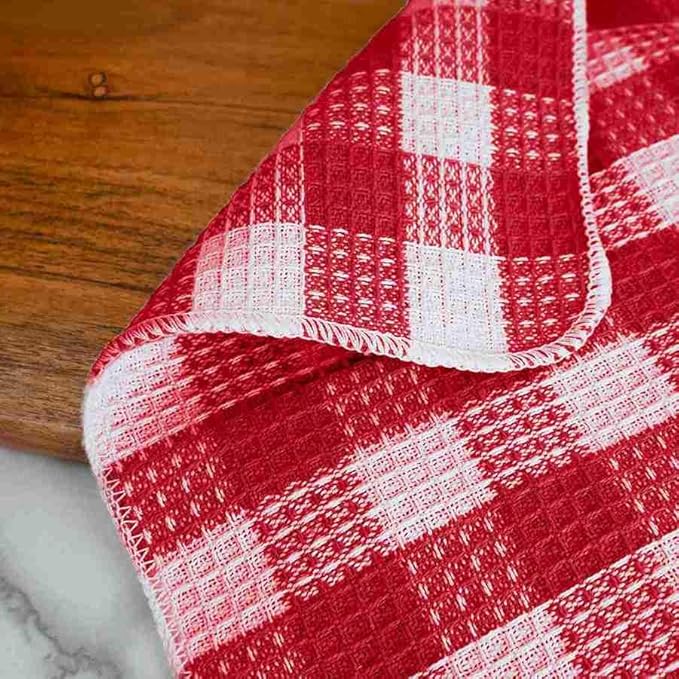 Blue Needles Waffle Weave Check Plaid Dish Cloths, 12x12 Inches 100% Cotton Set of 6 Dish Towels for Kitchen, Ultra Soft & Absorbent Kitchen Towels for Quick Drying Spring Summer - Burgundy & White