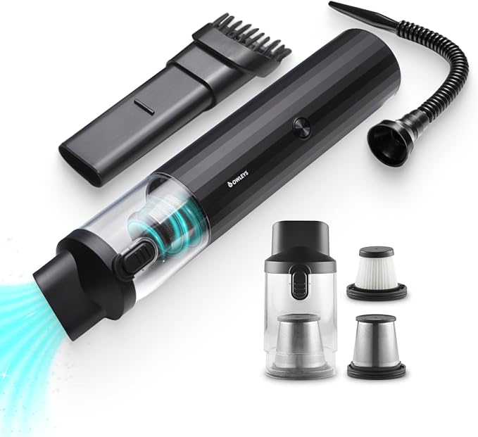 Owleys Portable Handheld Car Vacuum Cleaner with HEPA & Stainless Steel Filter, 6000–16000PA Suction, 85000 RPM Motor, 40-Min Battery Life, Cordless Mini Vacuum for Car, Home, and Office