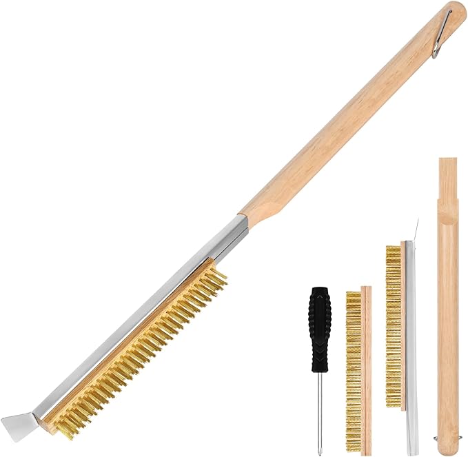 Pizza Oven Brush, 26" Brush and Stainless Steel Scraper for Pizza Stone, BBQ Grill Cleaning Brush Non Scratch Heat Proof Brass Bristles with Screwdriver, Outdoor Pizza Oven Accessories