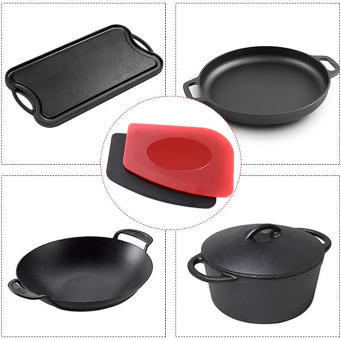 316 Upgraded Chainmail Scrubber with Silicone Handle Cast Iron Cleaner for Cast Iron Grill Pan Skillet Wok Bakeware Ergonomic to Hold Easy to Use Dishwasher Safe, Scrubber + Scraper + Towel (Red)