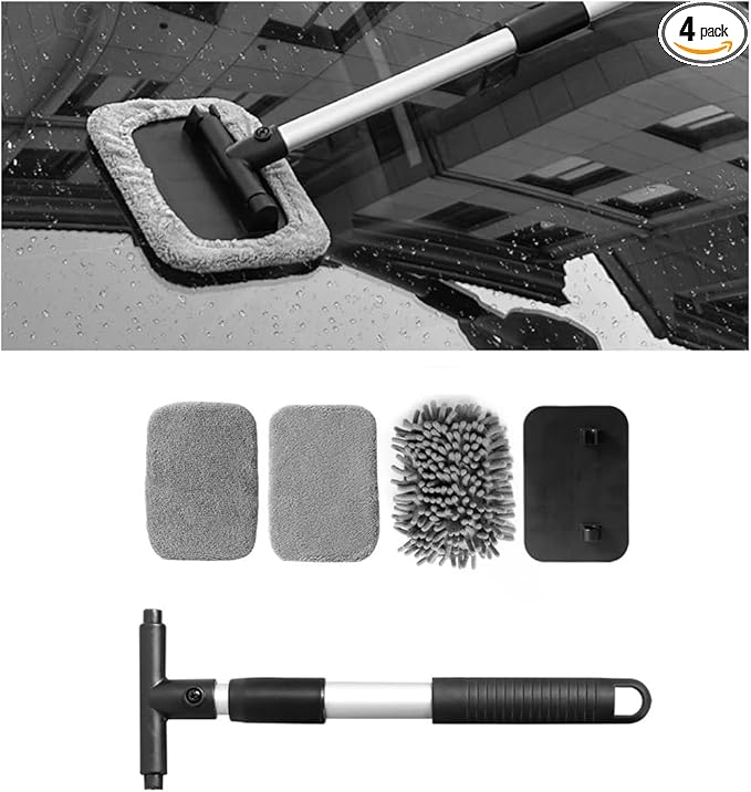 Car Windshield Cleaner, Microfiber Vehicles Window Cleaning Tool with 3PCS Reusable Cloth Pads, Automotive Washing Interior ＆ Exterior Glass Supplies Accessories, Universal Fit (Rectangle)