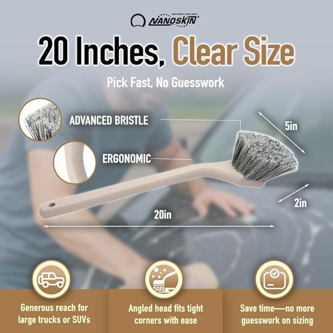 Nanoskin Professional 20 Inch Angled Brush with Salt & Pepper Polystyrene Bristles - Car Detailing and Cleaning Tool for Auto, Boat, RV Exterior & Wheels | Acid/Detergent Resistant, Ergonomic Handle