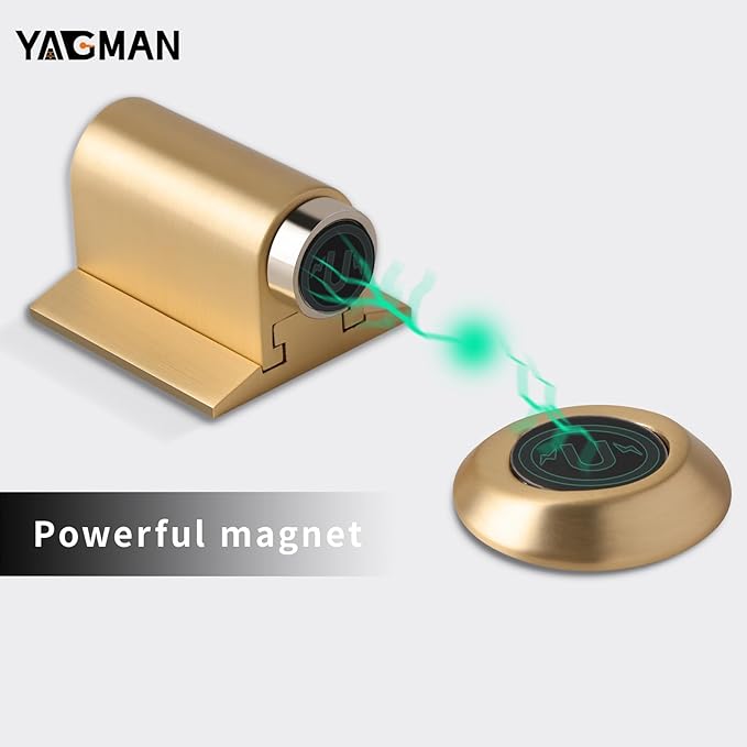 Magnetic Door Stopper, Magnet Floor Door Stop Retractable, Door Magnetic Catch, Door Holder to Keep Door Open, No Drilling Mount with Adhesive, Brushed Gold 1 Pack BG-1