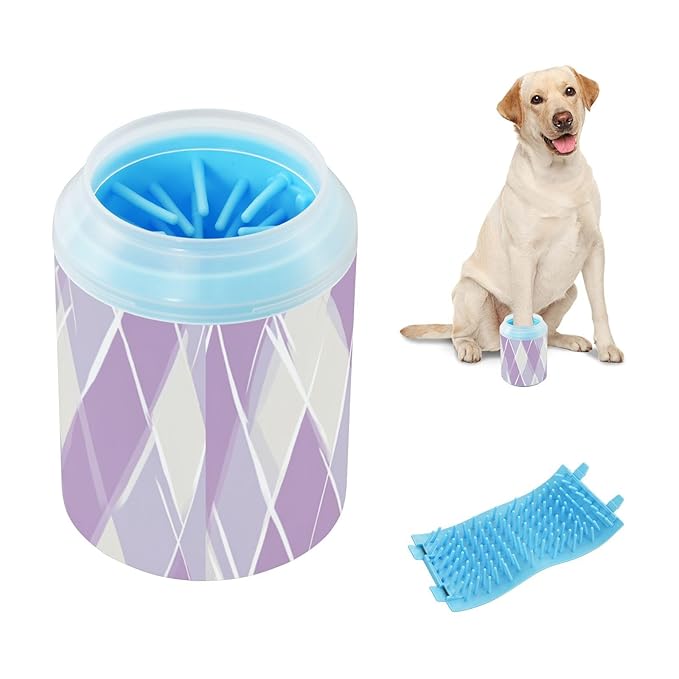 Dog Paw Cleaner Cups for Dogs Pet Foot Washer Paw Scrubber for Small Medium Large Dogs Cats Cleaning Cup Purple and White Checkerboard Pattern01