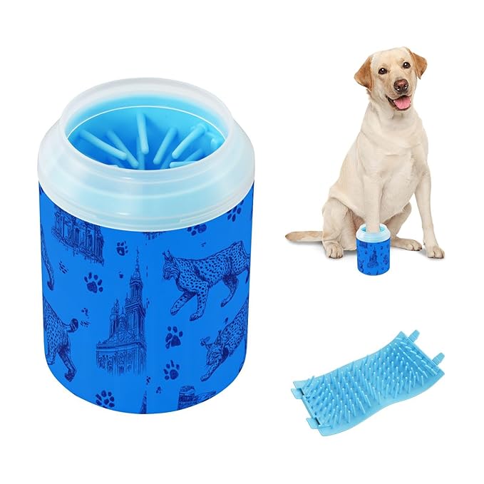 Dog Paw Cleaner Cups for Dogs Pet Foot Washer Paw Scrubber for Medium Small Large Dogs Cats Cleaning Cup Blue Buildings Flasks Paw Prints